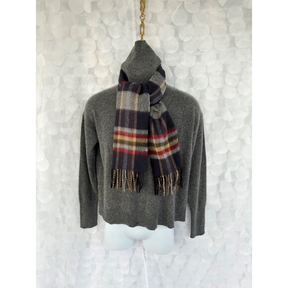 100% Cashmere Plaid Scarf fringed Unisex blue grey plum vintage - Picture 3 of 3